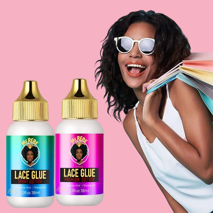 Two bottles of lace glue with a woman holding colorful bags on a light blue background